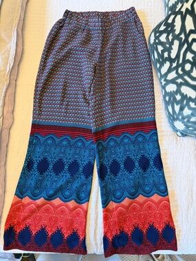 AnthropologieWide Leg Printed Palazzo Pants - Multi Blue & Coral